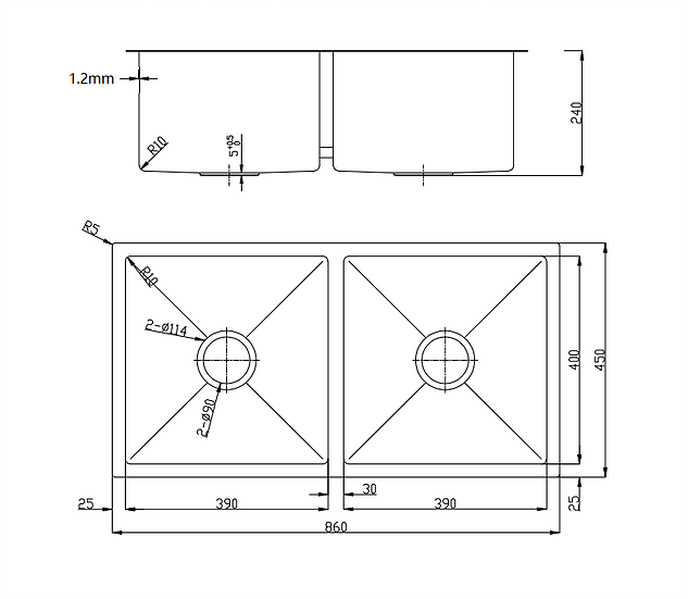 CLASSIC Double Bowl Stainless Steel Sink 240mm Deep