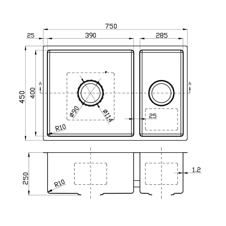 Deluxe 1.5 Bowl Stainless Steel Sink 750x450x250mm