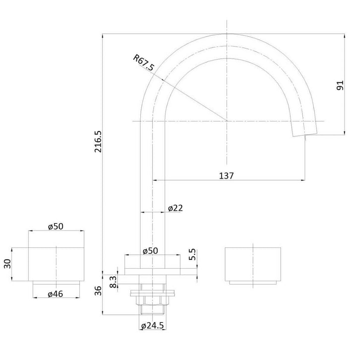 Evo Hot/Cold Hob Assembly Tap Set with Spout