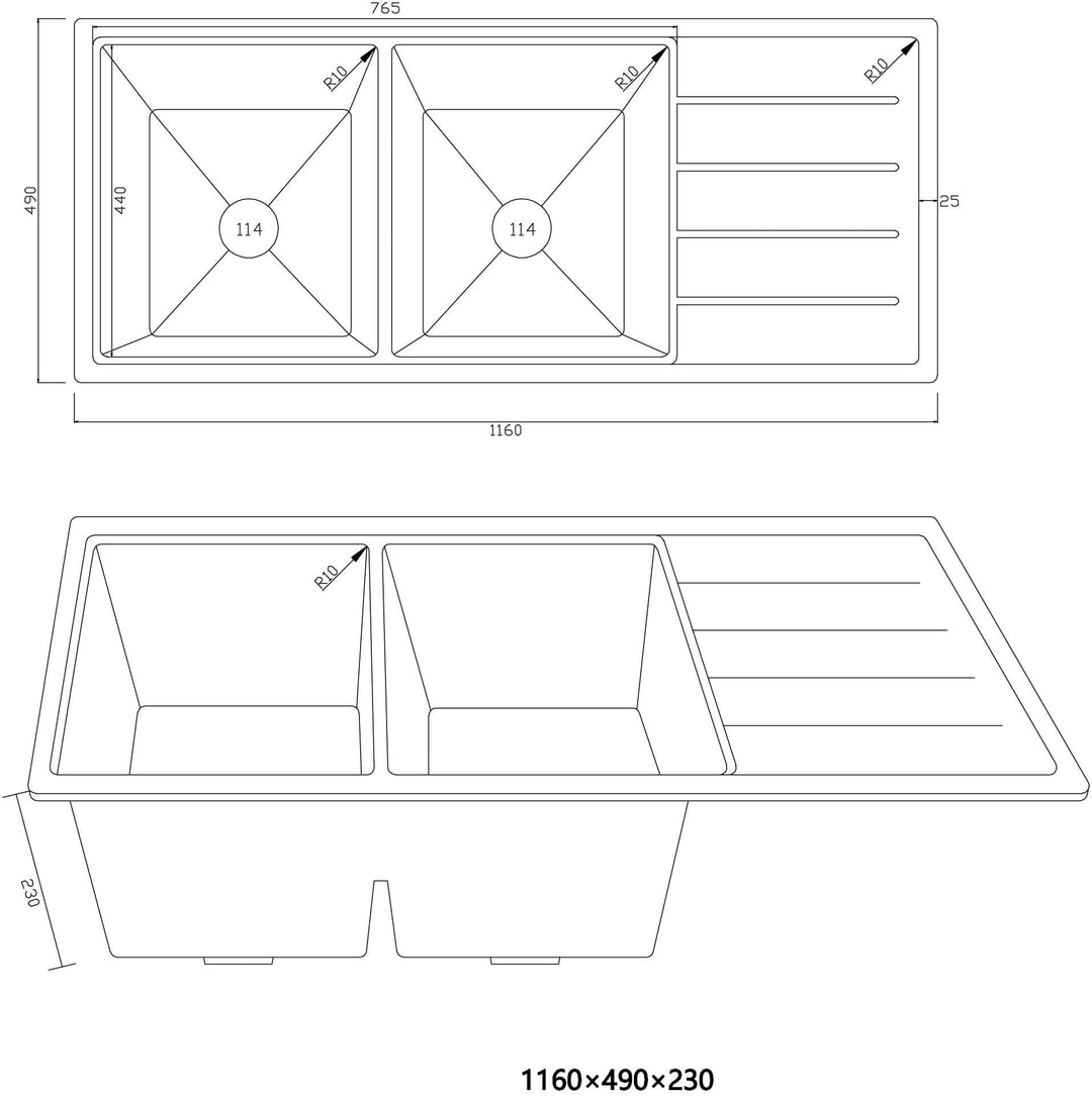 Iris Double Bowl Granite Sink with Drainer 1160x490x230mm