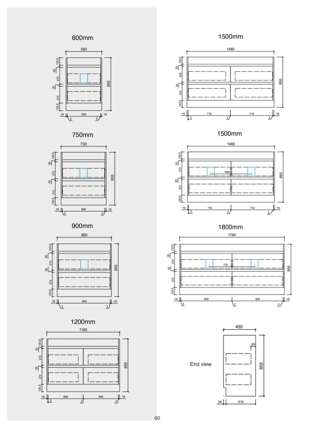 Leona White Drawers Only Floor Mounted Vanity (600-1800mm)