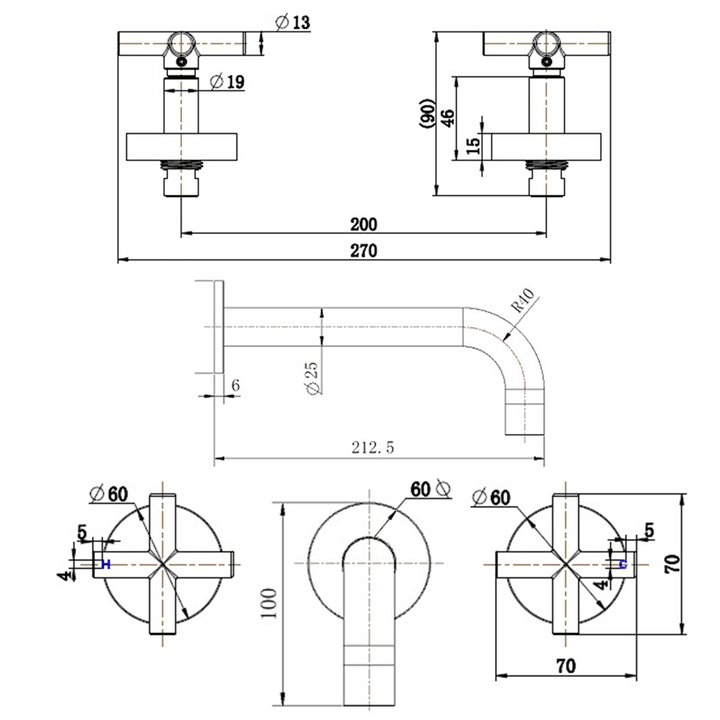 Luna Cross Handle Hot/Cold Assembly Tap Spout Set