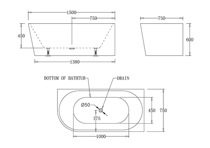 Milan Right/Left Corner Bathtub 1500-1700mm