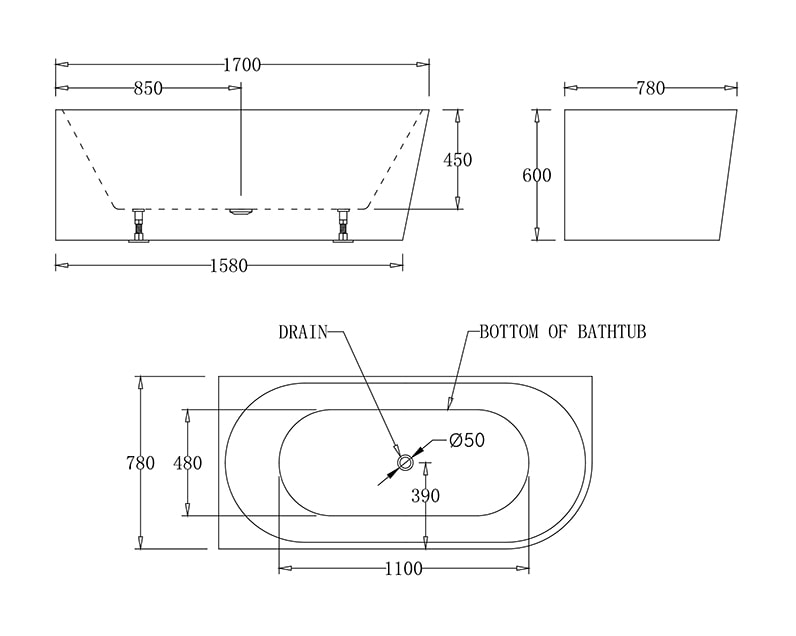 Milan Right/Left Corner Bathtub 1500-1700mm