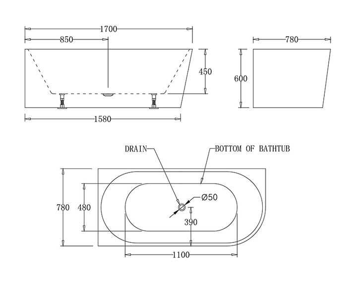 Milan Right/Left Corner Bathtub 1500-1700mm