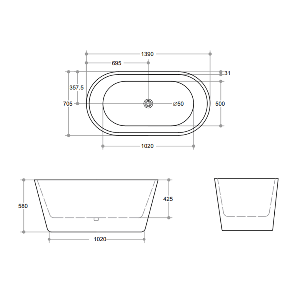 Opal Freestanding Oval Shaped Bathtub 1390-1700mm