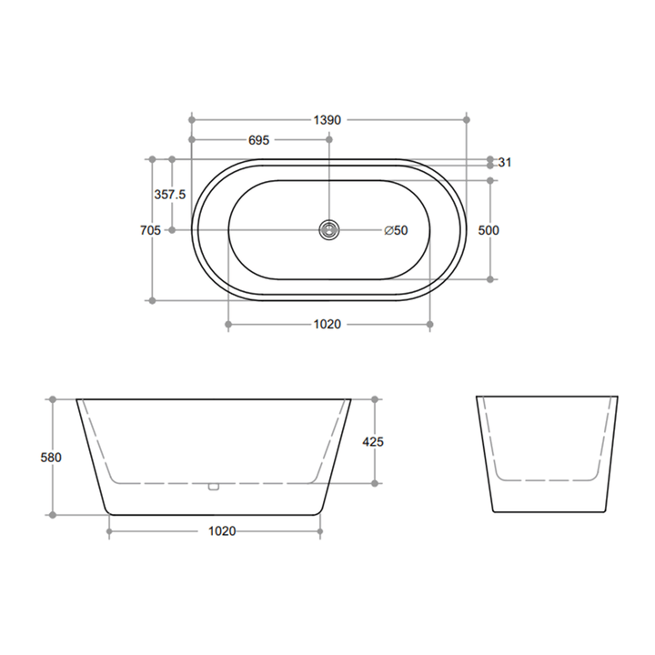 Opal Freestanding Oval Shaped Bathtub 1390-1700mm