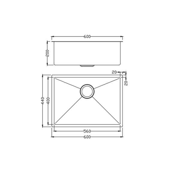 Luna Single Bowl Stainless Steel Sink 600x440x200