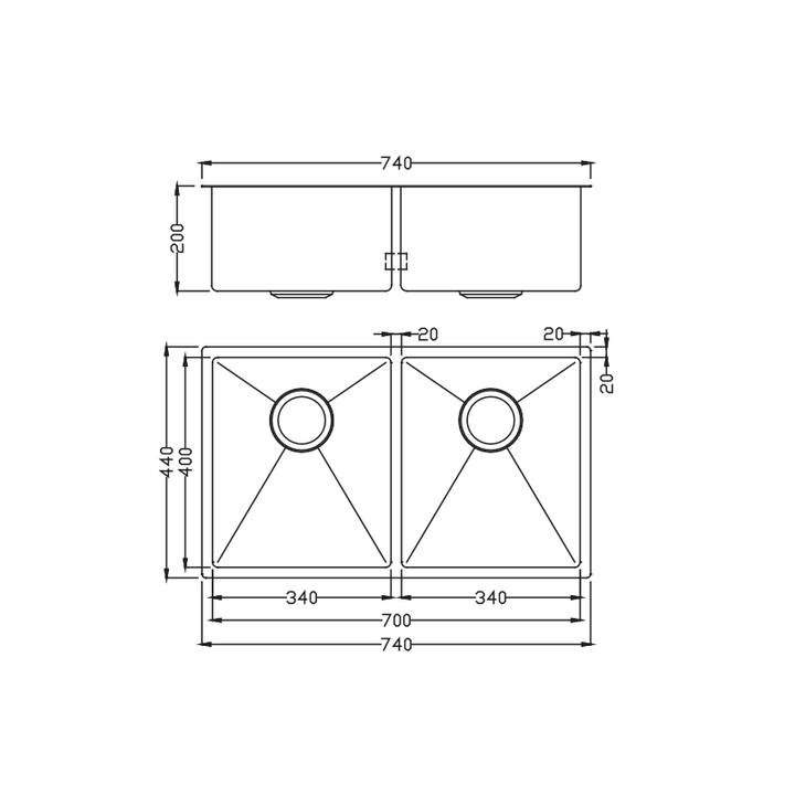 Luna Double Bowl Stainless Steel Sink 740x440x200