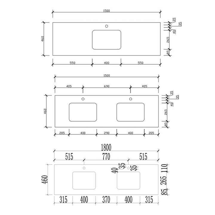 Vanity Stone Benchtop with Undermount Basin (600-1800mm)