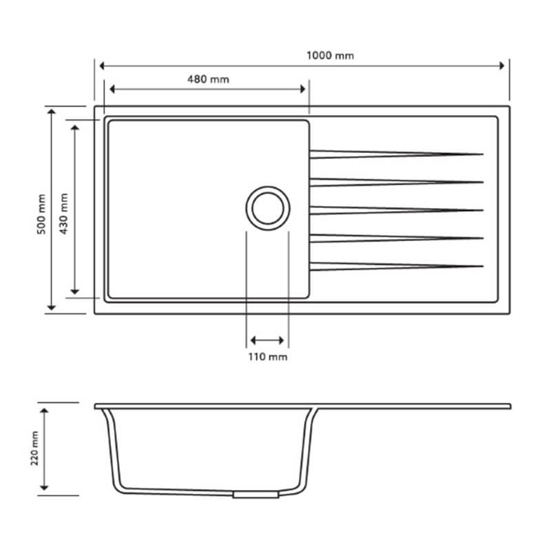 Vivaldi Single Bowl Granite Sink with Drainer 205/220mm Deep