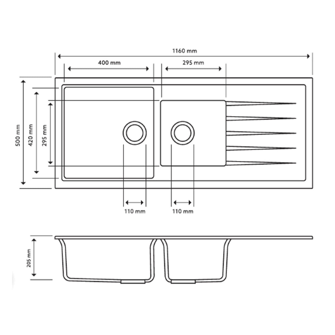 Vivaldi Double Bowl Granite Sink with Drainer 1160x500x205mm