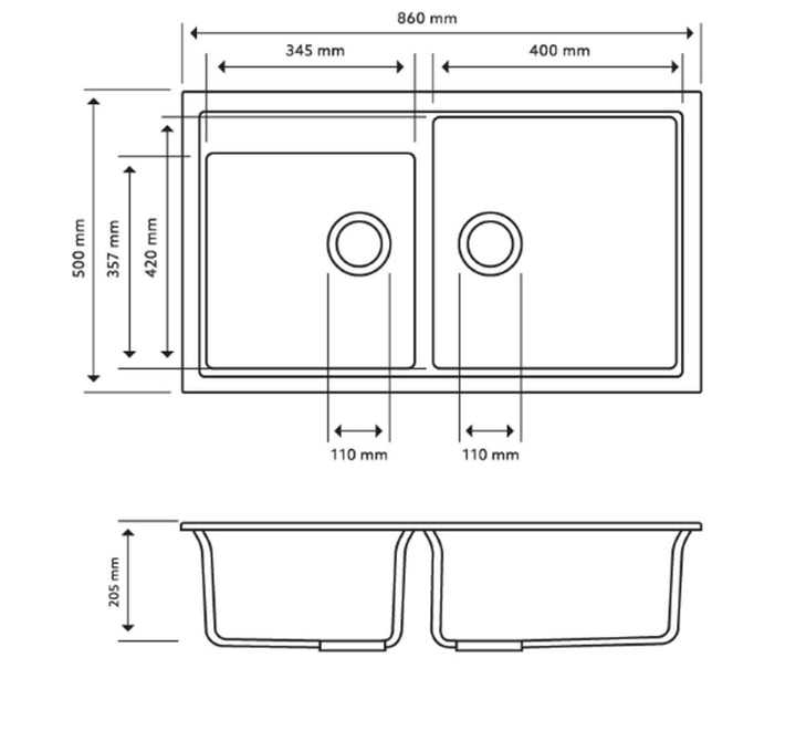 Vivaldi Double Bowl Granite Sink 860x500x205mm