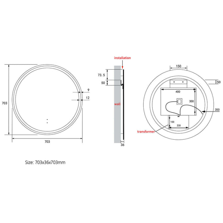 Windsor Circle Framed Backlit LED Mirror 700-900mm